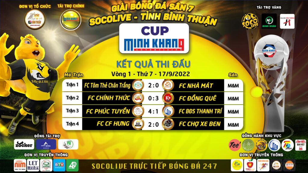 Kết quả thi đấu Vòng 1 giải bóng đá phủi Bình Thuận Socolive Cup Minh Khang 2022