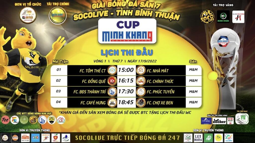 Lịch thi đấu vòng 1 Giải Socolive Cup Minh Khang Tỉnh Bình Thuận